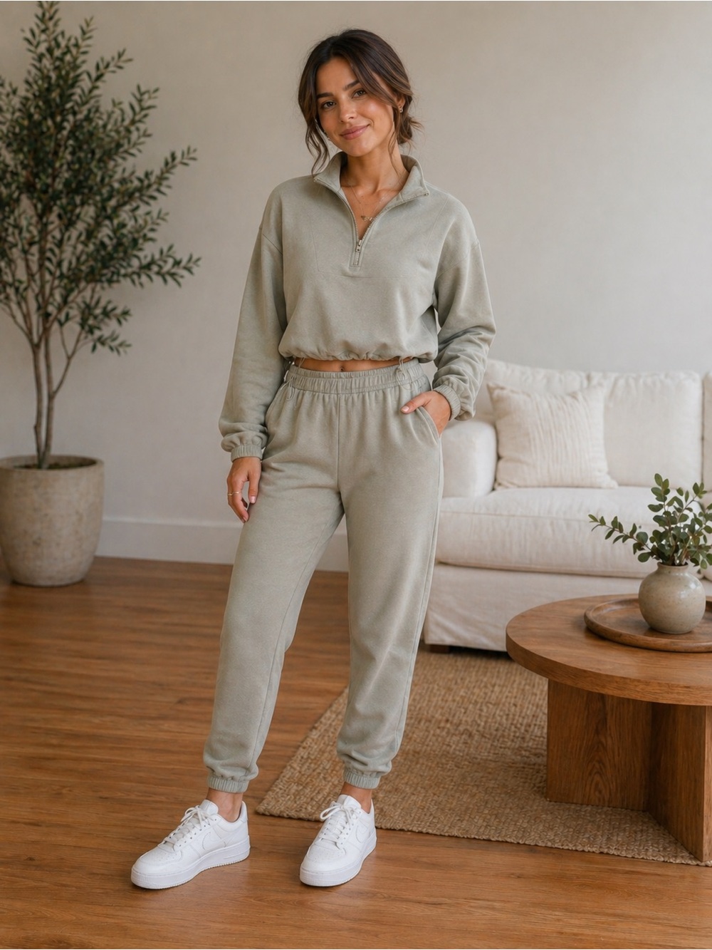 Relaxed Half-Zip Jogger Set in Khaki‎